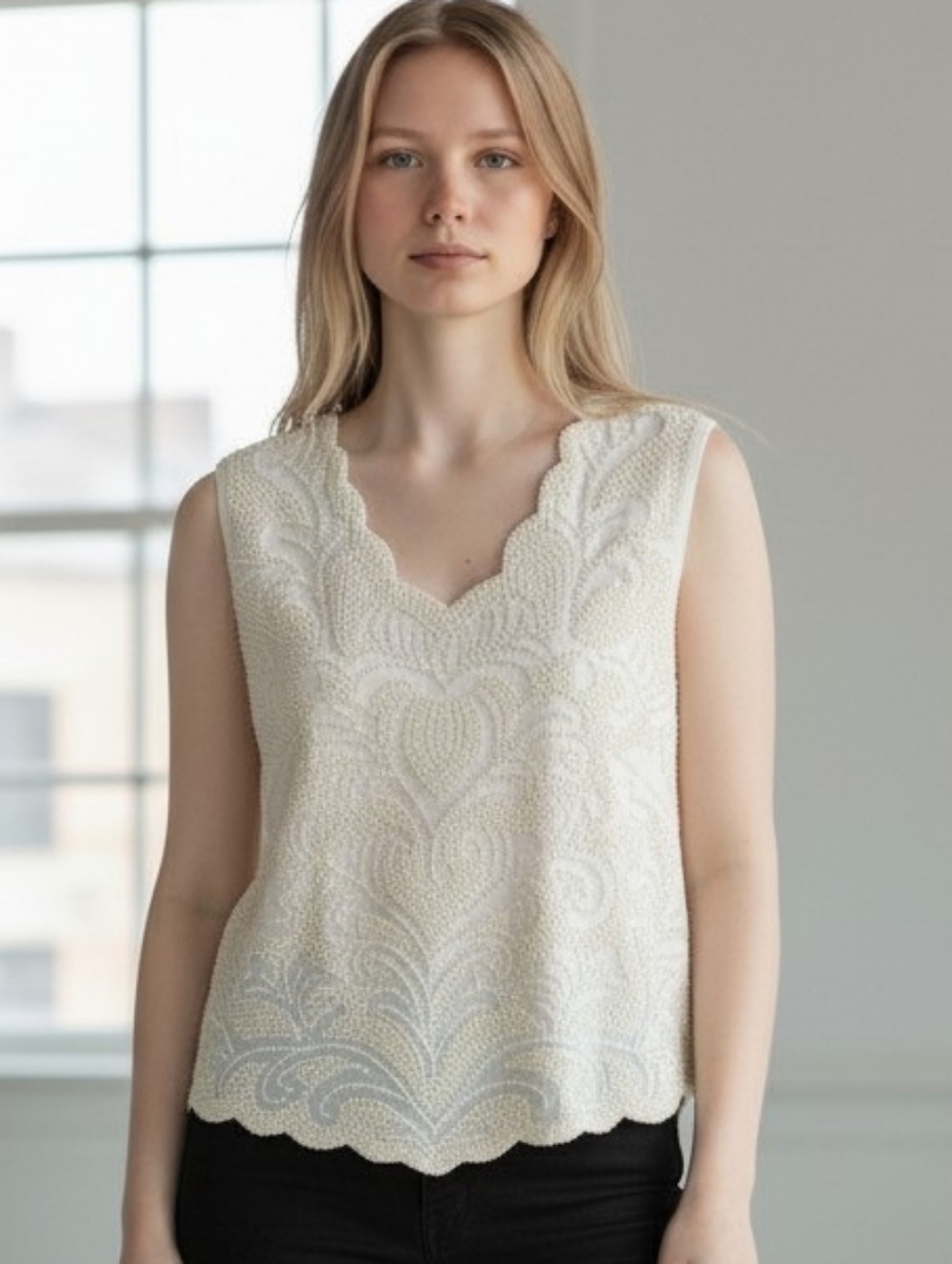 Vintage Dress Barn Cream Beaded Sequin Blouse Scalloped Trim Size Large Event - Picture 1 of 6